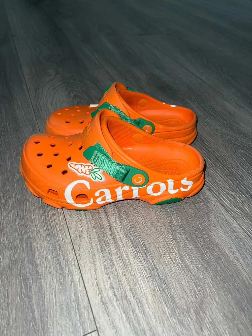 CROCS Kids Orange Clogs with Green Heel Straps
